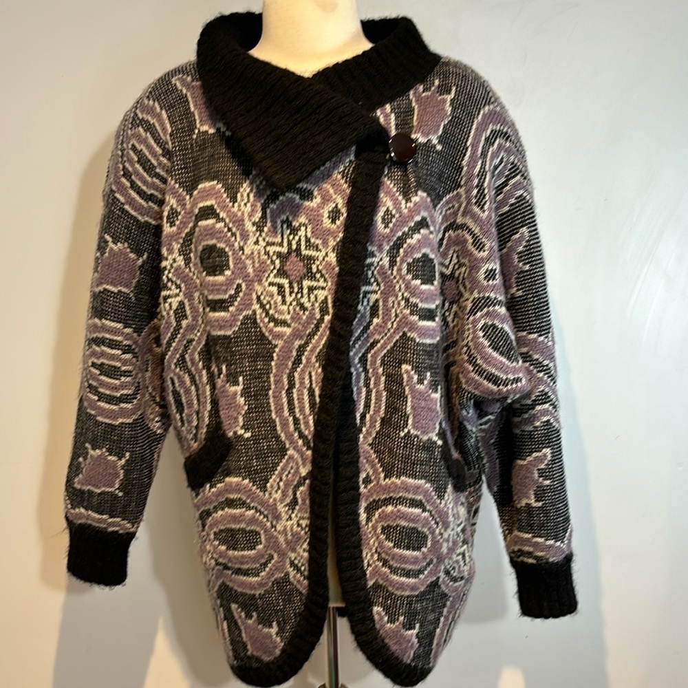 Vintage 80’s Biba Paris wool blend purple print cardigan size EU38 (US8/medium) - Picture 2 of 13